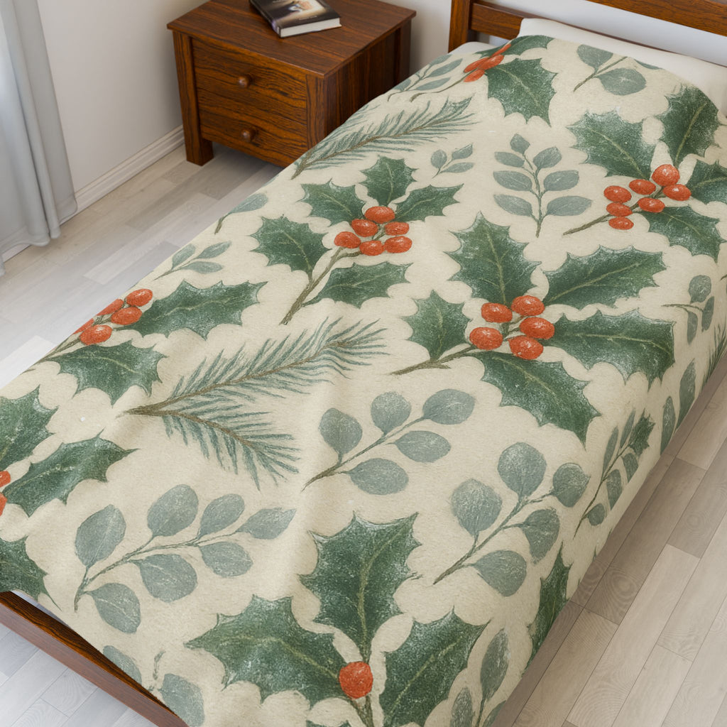 Cozy Holiday Velveteen Plush Blanket, Perfect for Winter Decor, Gift for Home, Christmas, Cozy Nights, Hydrangea Design