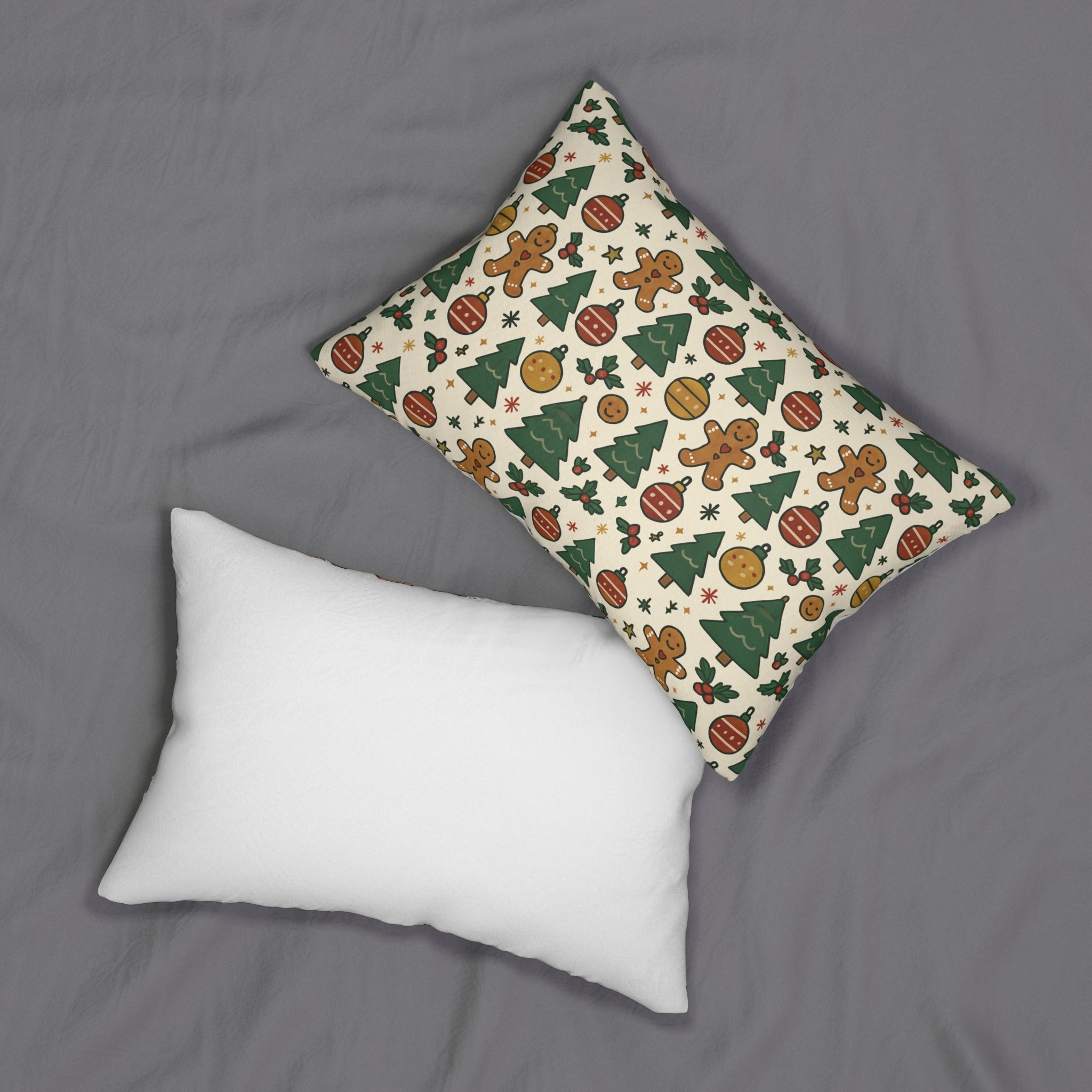 Festive Christmas Lumbar Pillow, Holiday Decorative Cushion, Farmhouse Decor, Gingerbread & Christmas Trees, Cozy Home Accent