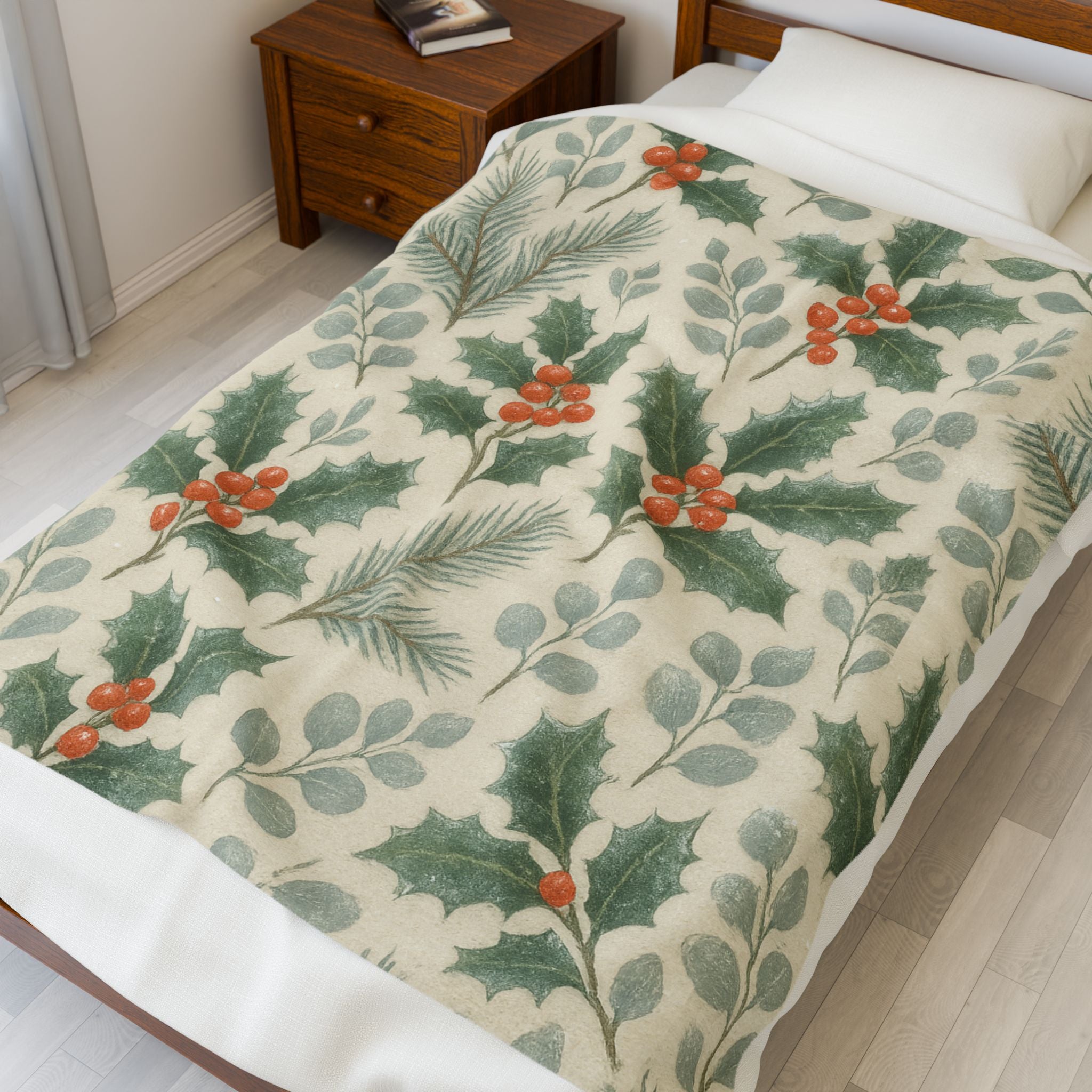 Cozy Holiday Velveteen Plush Blanket, Perfect for Winter Decor, Gift for Home, Christmas, Cozy Nights, Hydrangea Design