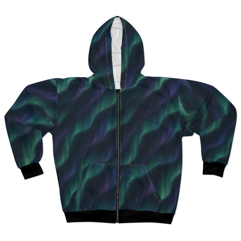 Aurora Wave Unisex Zip Hoodie - Cozy AOP Outerwear for Everyday, Gifts, Casual Wear, Winter Fashion, Outdoor Adventures