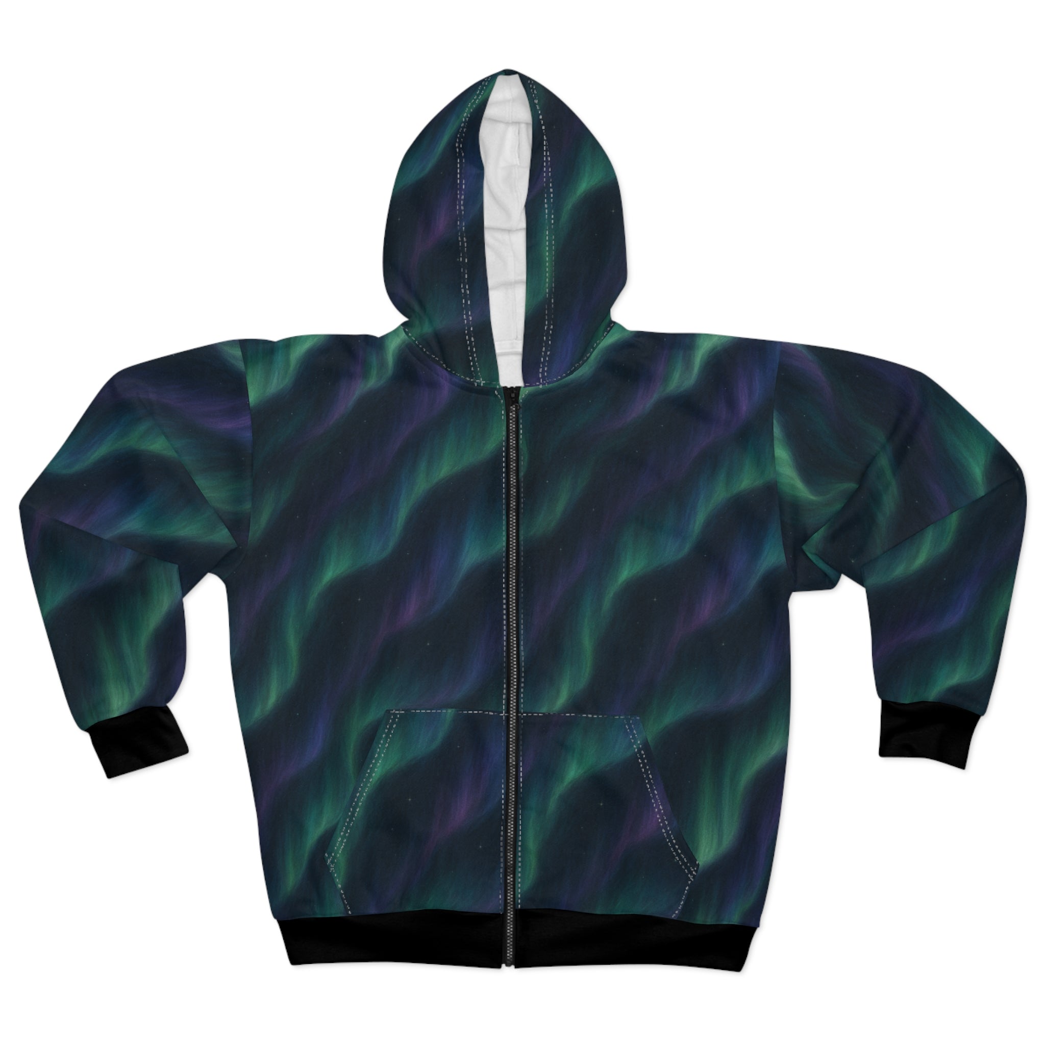Aurora Wave Unisex Zip Hoodie - Cozy AOP Outerwear for Everyday, Gifts, Casual Wear, Winter Fashion, Outdoor Adventures