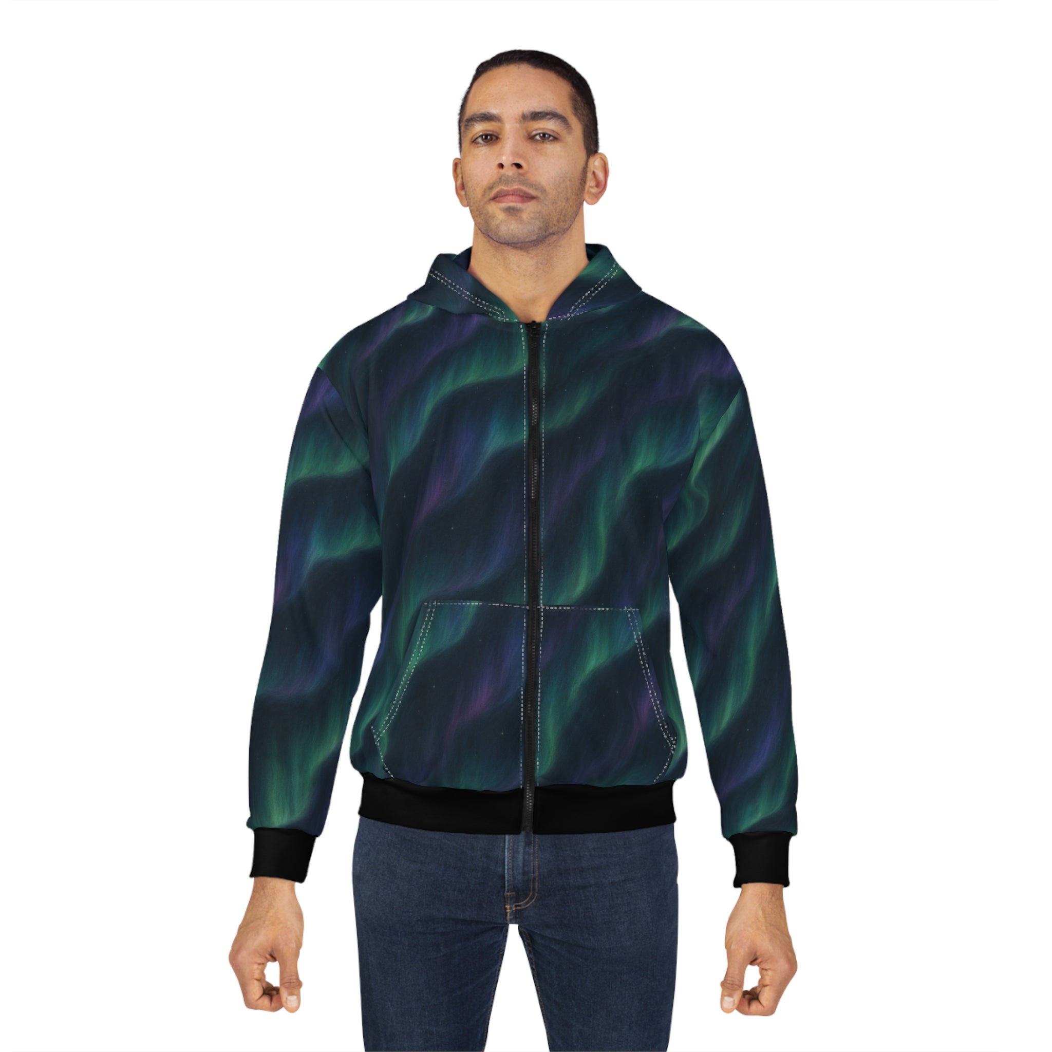 Aurora Wave Unisex Zip Hoodie - Cozy AOP Outerwear for Everyday, Gifts, Casual Wear, Winter Fashion, Outdoor Adventures