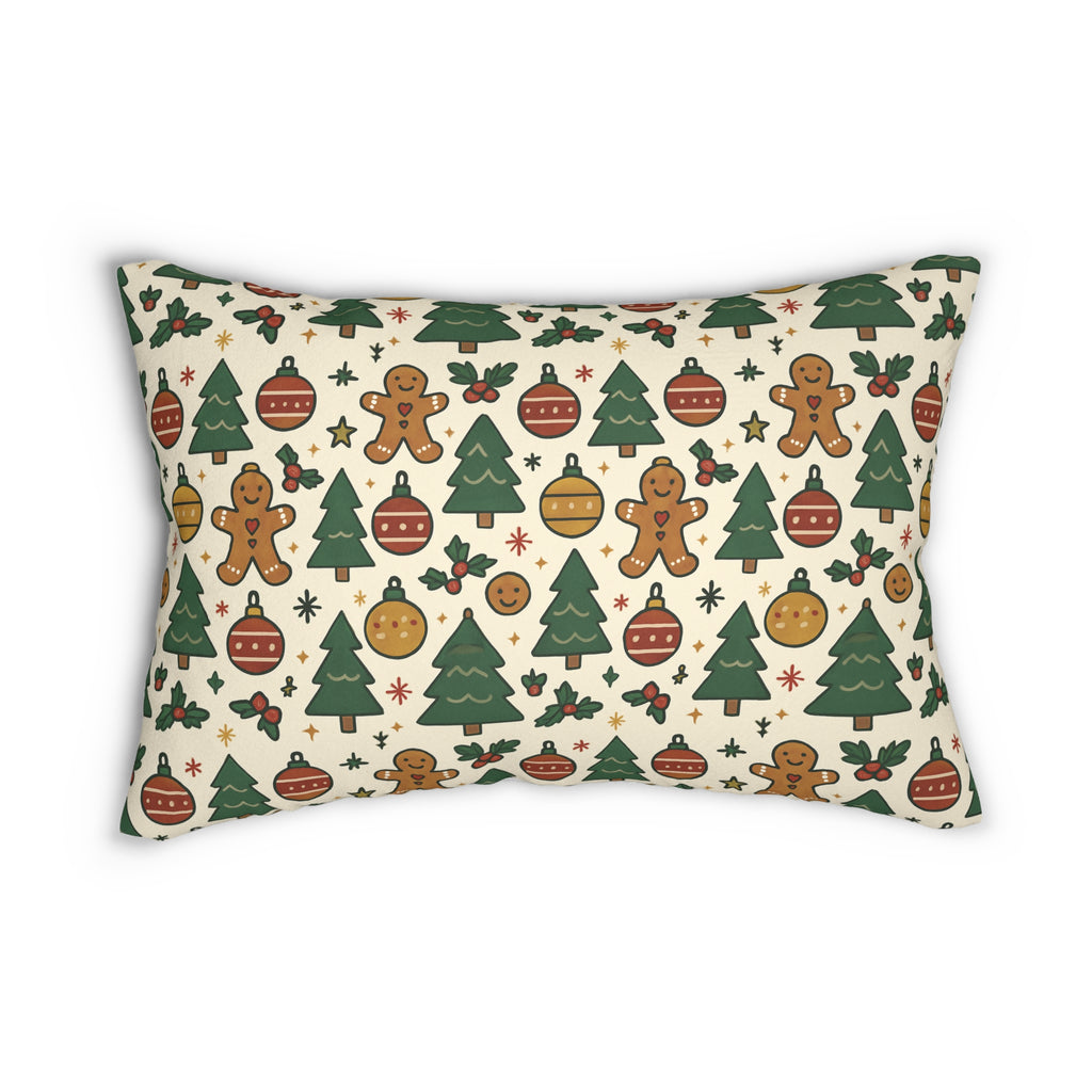 Festive Christmas Lumbar Pillow, Holiday Decorative Cushion, Farmhouse Decor, Gingerbread & Christmas Trees, Cozy Home Accent