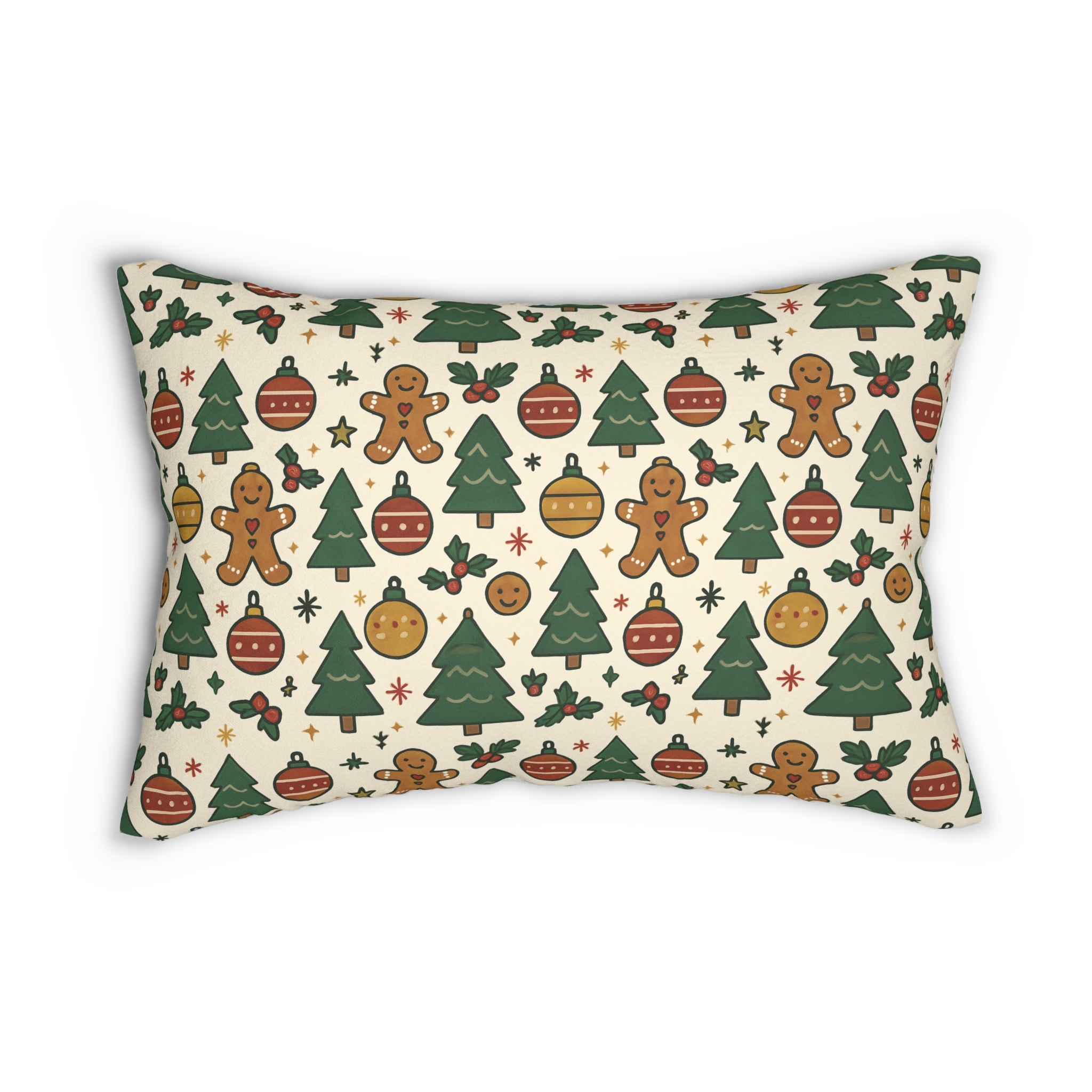 Festive Christmas Lumbar Pillow, Holiday Decorative Cushion, Farmhouse Decor, Gingerbread & Christmas Trees, Cozy Home Accent
