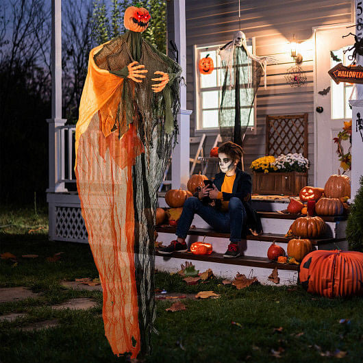 6 Feet Hanging Pumpkin Ghost with Red Glowing Eyes and Bendable Arms-1